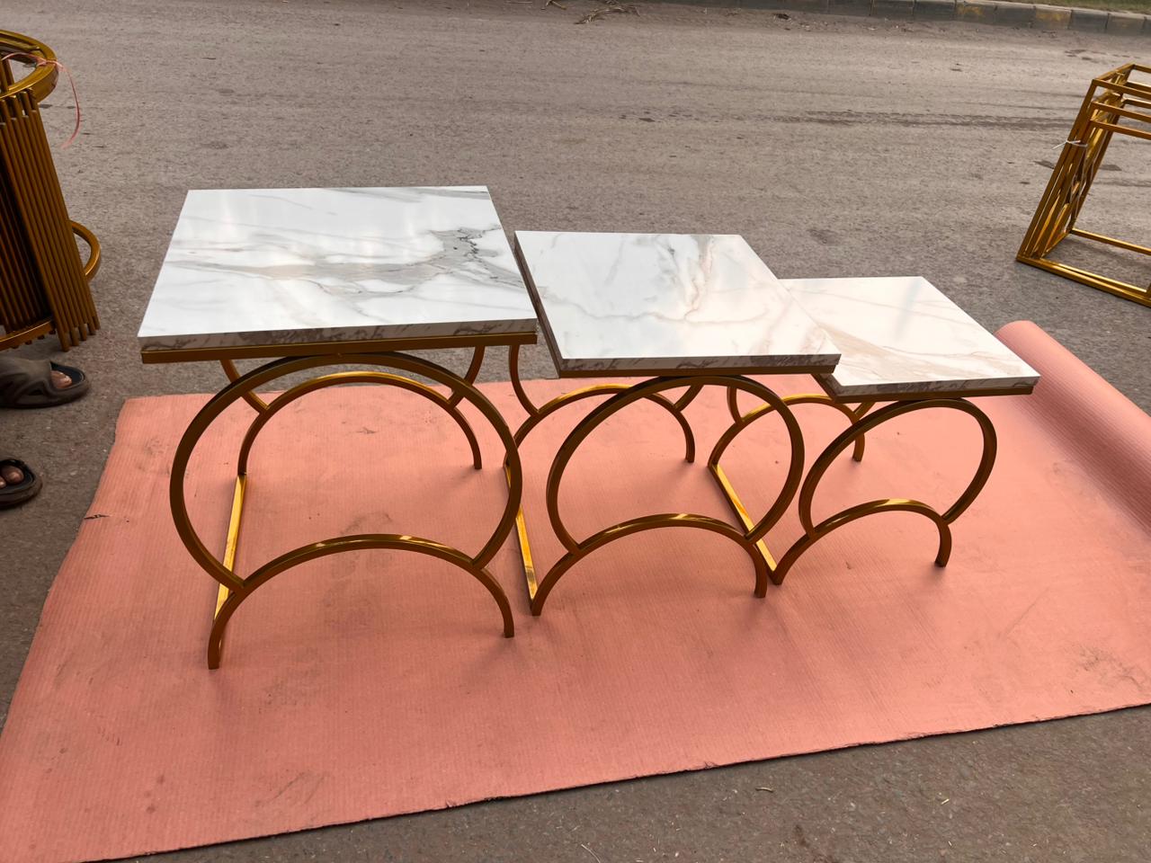Luxury Nesting Table Set - Gold Metal Base with Marble Texture Tops