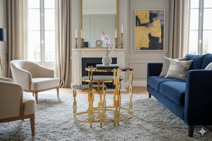 Gold Nesting Table Set with Black Glass Tops - Modern Living Room Furniture