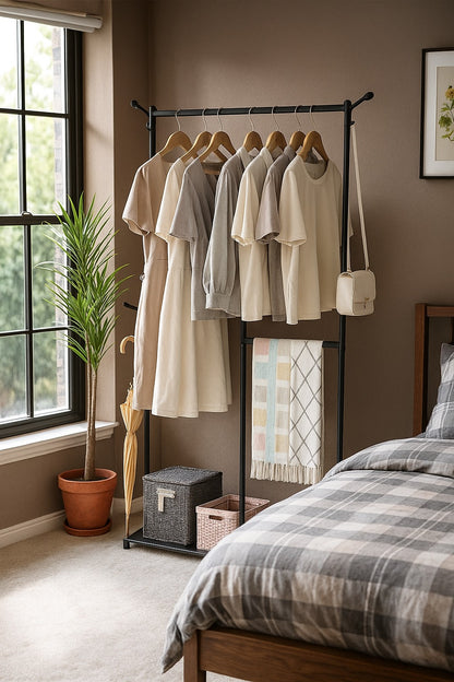 Multi-Functional Clothes & Hat Rack Stand with Hooks for Bags, Scarves, Umbrellas – Home Storage Organizer with Box Shelf – Space Saving Design