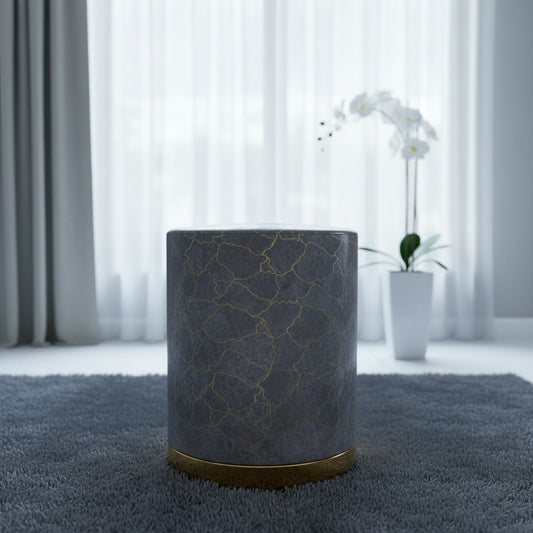 Royal Azure Marble Texture Sitting Stool with Gold Base – Luxury Velvet Ottoman for Living Room, Bedroom, Dressing Area, Lounge, and Modern Home Décor