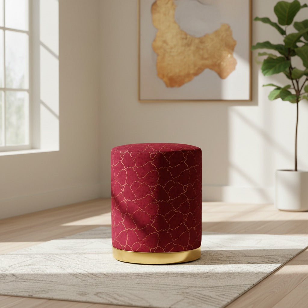 Royal Azure Marble Texture Sitting Stool with Gold Base – Luxury Velvet Ottoman for Living Room, Bedroom, Dressing Area, Lounge, and Modern Home Décor