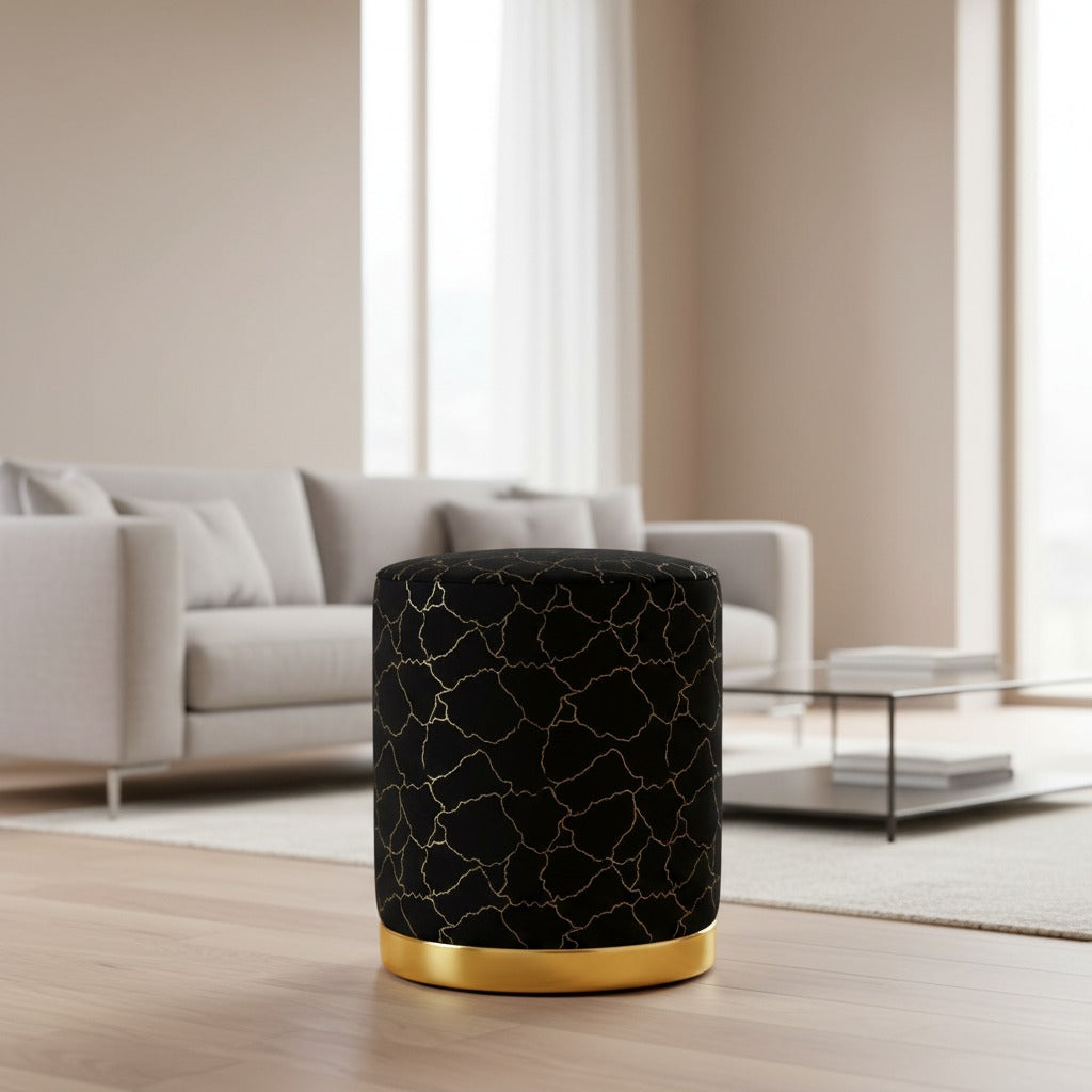 Royal Azure Marble Texture Sitting Stool with Gold Base – Luxury Velvet Ottoman for Living Room, Bedroom, Dressing Area, Lounge, and Modern Home Décor