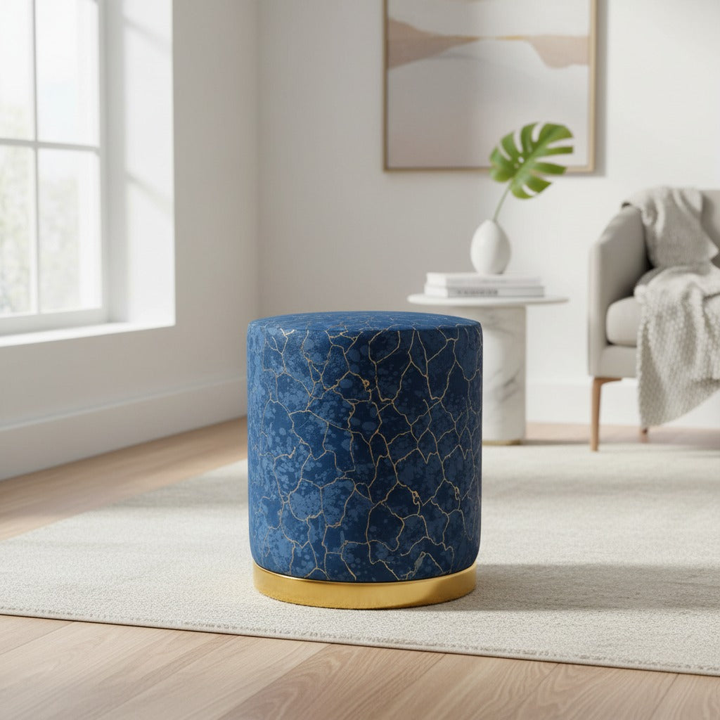 Royal Azure Marble Texture Sitting Stool with Gold Base – Luxury Velvet Ottoman for Living Room, Bedroom, Dressing Area, Lounge, and Modern Home Décor