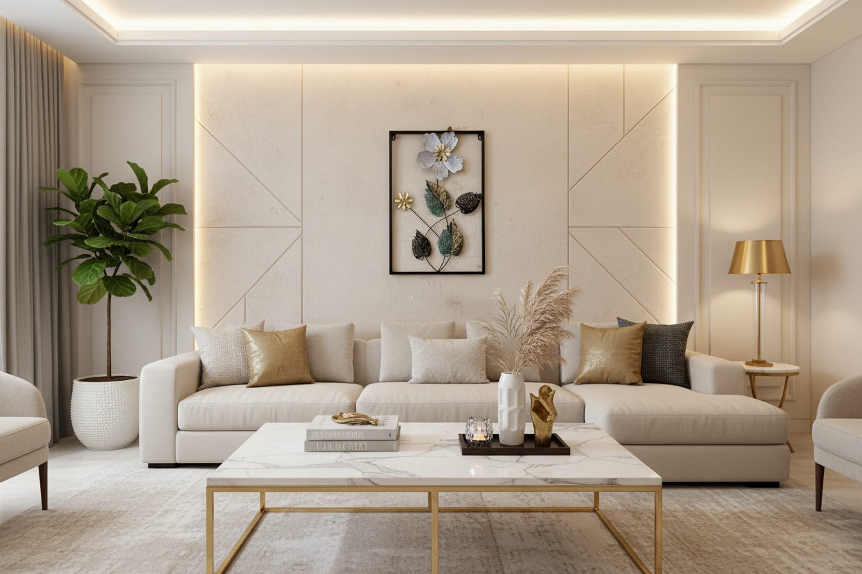 Metal Floral Wall Art - Silver Blue Flower with Gold Accents in Black Frame