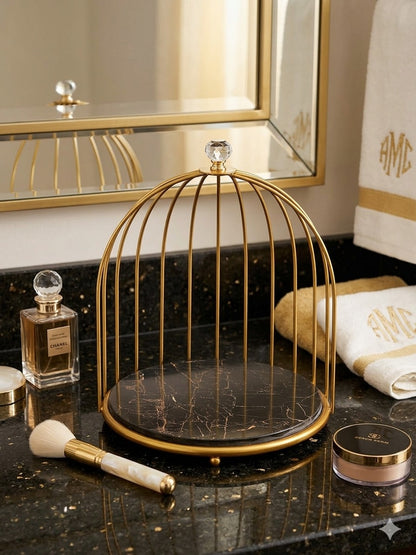 Elegant Single Shelf Gold Birdcage Vanity Organizer for Luxury Perfumes and Skincare.