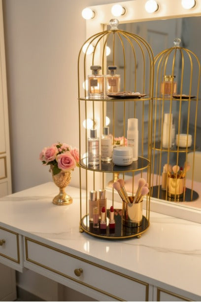 Three-Tier Gold Birdcage Organizer for Home Decor and Beauty Essentials.