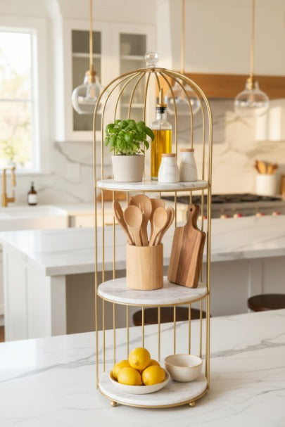 Three-Tier Gold Birdcage Organizer for Home Decor and Beauty Essentials.