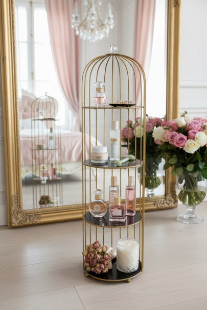 Four-Tier Gold Birdcage Organizer for Luxury Accessories and Beauty Collections.