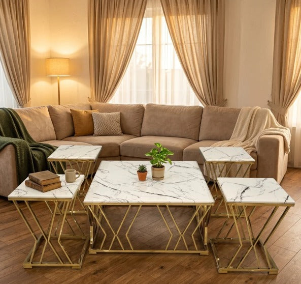 Gold X-Frame Nesting Coffee Table Set – Black Wooden Marble Texture Top