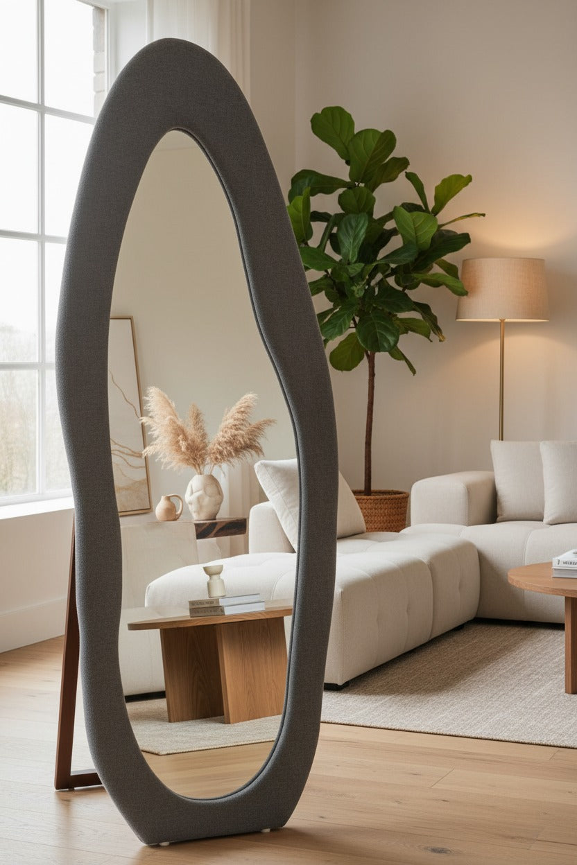 Asymmetric Oval Standing Mirror – Bouclé fabric Upholstered Frame