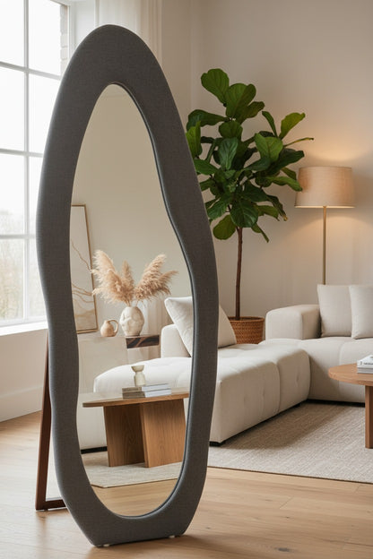 Asymmetric Oval Standing Mirror – Bouclé fabric Upholstered Frame