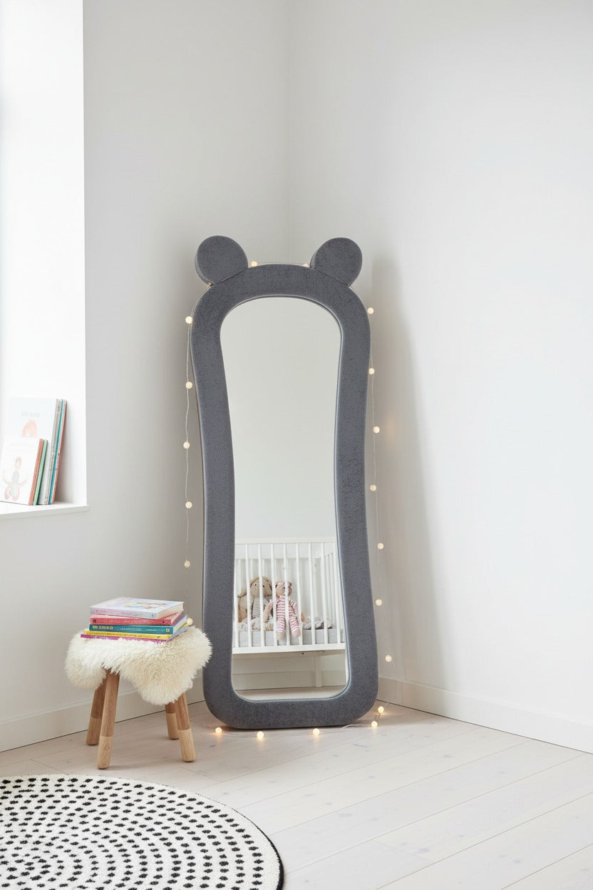 Teddy Bear Full-Length Standing Mirror – Bouclé Upholstered Frame