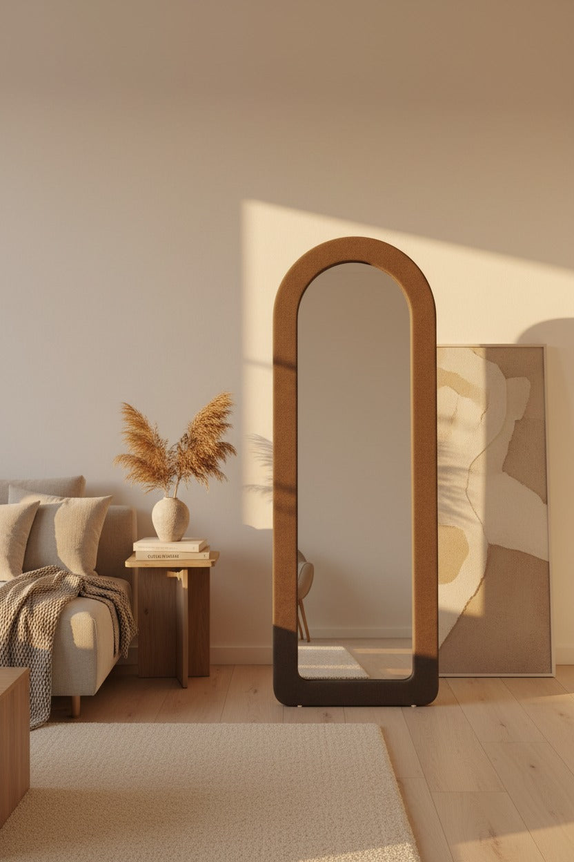 Arch Full-Length Standing Mirror – Bouclé Upholstered Frame
