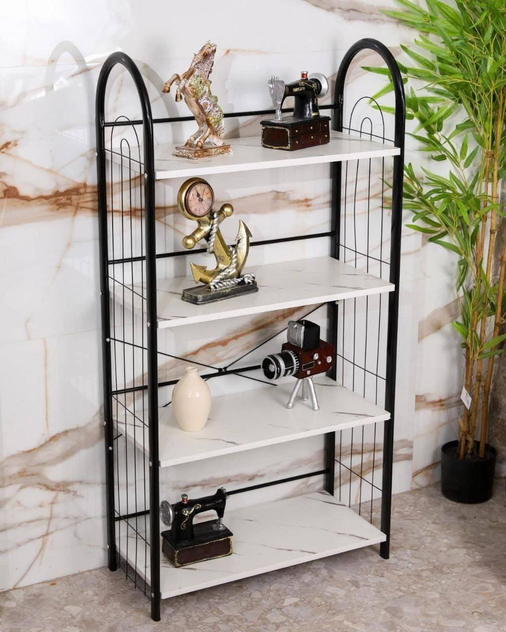 4-Tier Metal Book Rack with Wooden Shelves | Modern Bookshelf & Decorative Storage Stand for Home, Office, Bedroom and Living Room
