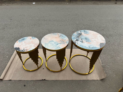 3 Set Of Nesting Table Luxury Style Elegant nesting Tables With wooden marble texture sheet And metal Frames for living room