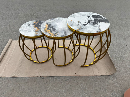 New elegant design 3 pc round nesting table set with wooden marble texture top and metal frame for living room