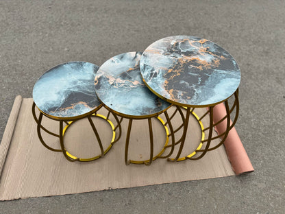 New elegant design 3 pc round nesting table set with wooden marble texture top and metal frame for living room