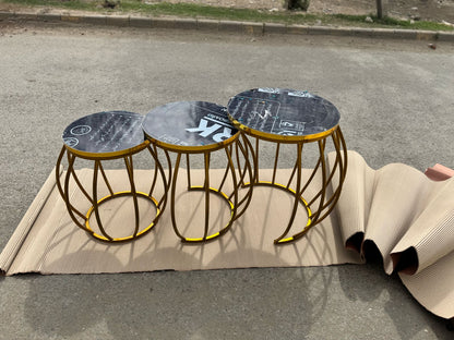 New elegant design 3 pc round nesting table set with wooden marble texture top and metal frame for living room
