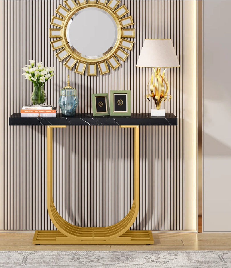 New Modern & Elegance Design In U Shape Console For Hally Way & Entry way In wooden Marbel Texture Sheet & Metal  Frame