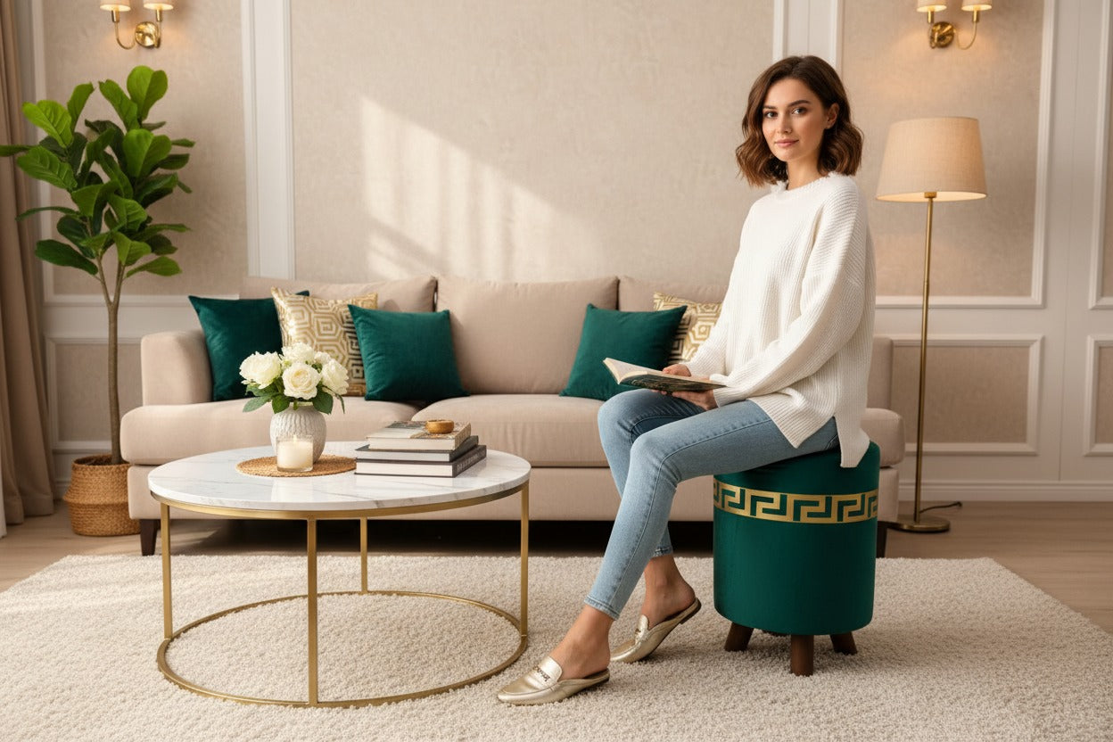 Ottoman Stool for Living Room - Metallic Side Table Décor