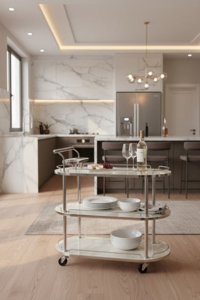 3-Tier White Wooden Marble Texture sheet & Tea Serving Trolley