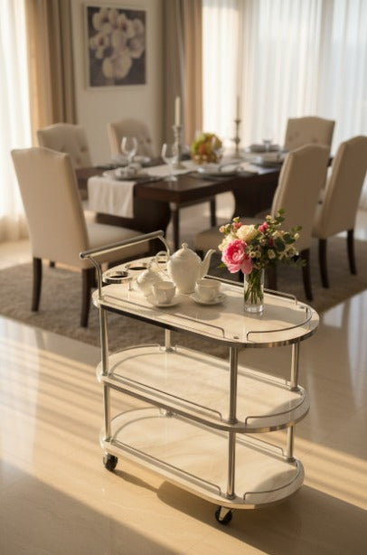 3-Tier White Wooden Marble Texture sheet & Tea Serving Trolley