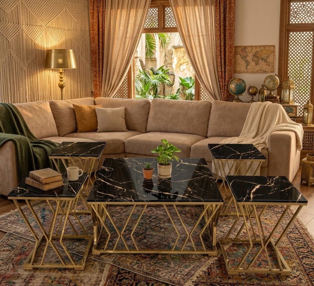 Gold X-Frame Nesting Coffee Table Set – Black Wooden Marble Texture Top