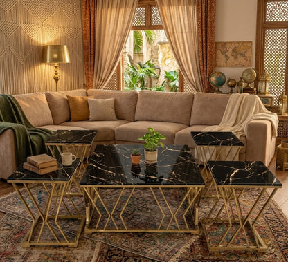 Gold X-Frame Nesting Coffee Table Set – Black Wooden Marble Texture Top