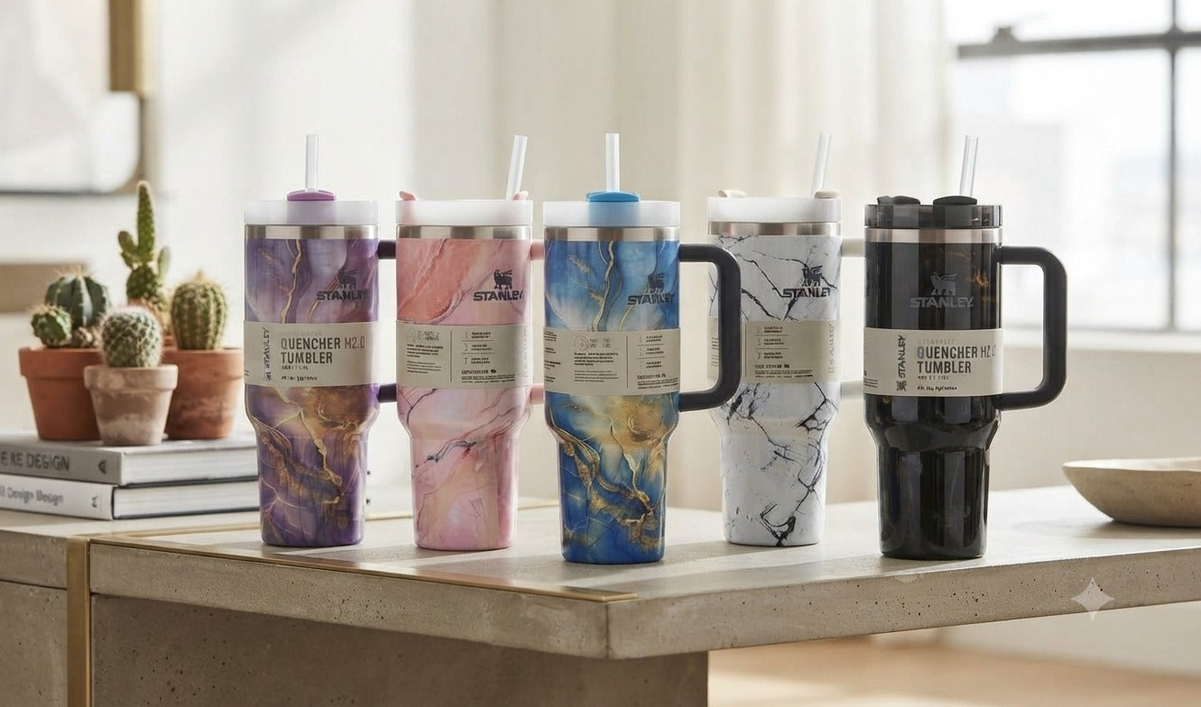 Five insulated tumblers with straws and handles are lined up on a tabletop in a bright indoor setting. The tumblers have marble-style designs in purple, pink, blue, white, and black, with labels reading 'EUGENIA NEE TUMBLER'.