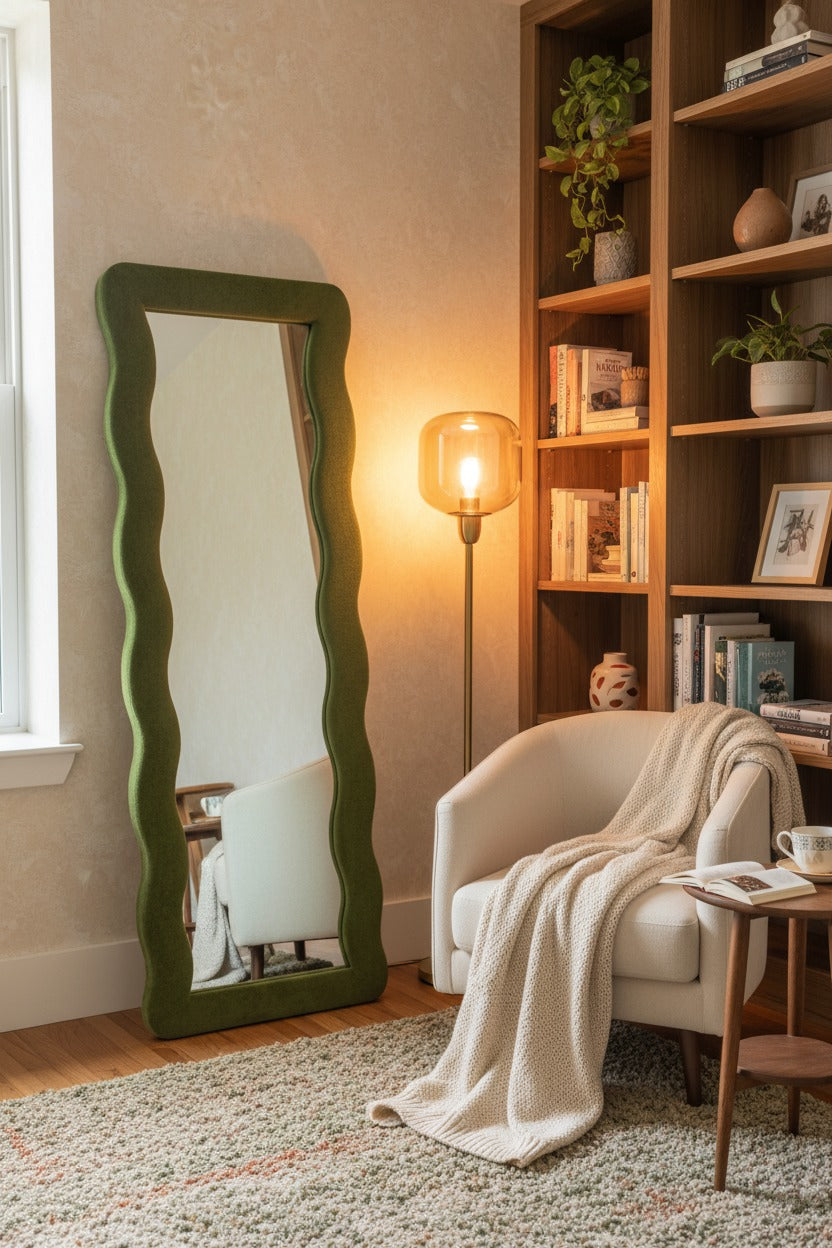 Wavy Full-Length square Standing Mirror – Bouclé Upholstered Frame