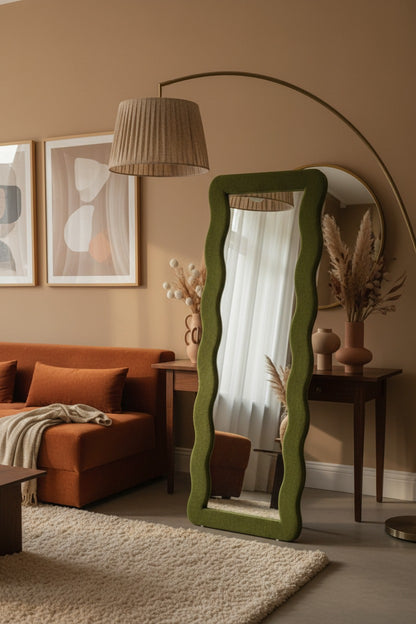 Wavy Full-Length square Standing Mirror – Bouclé Upholstered Frame
