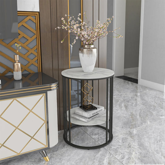 2-Tier Round White Sintered Stone End Table - Sofa Side Table