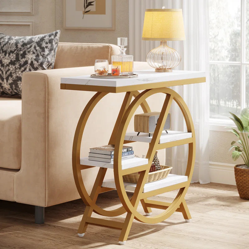 3-Tier Narrow Side Table – Marble Texture Wood with Metal Frame