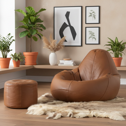 Premium Tan Brown Leather Bean Bag Chair with Ottoman Footrest Set | Luxury Ergonomic Lounge Sofa Seat for Bedroom