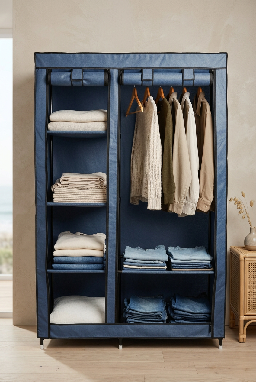 Portable Fabric Wardrobe with Hanging Rail & Storage Shelves – Random Colours
