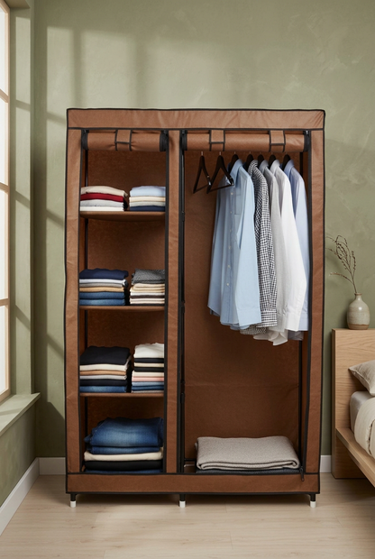 Portable Fabric Wardrobe with Hanging Rail & Storage Shelves – Random Colours