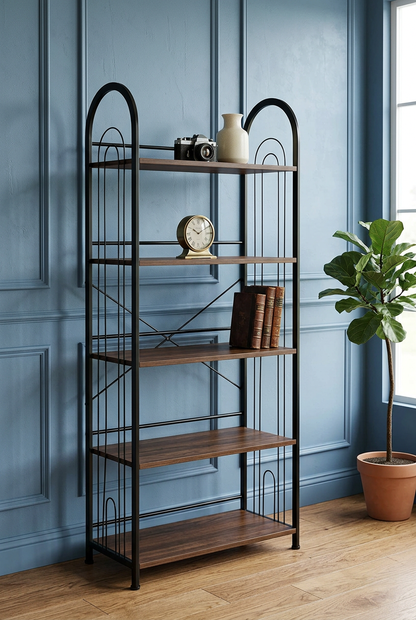 5-Tier Metal Book Rack with Wooden Shelves | Modern Bookshelf & Decorative Storage Stand for Home, Office, Bedroom and Living Room