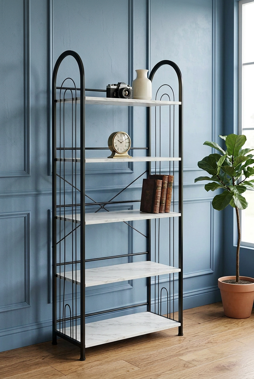 5-Tier Metal Book Rack with Wooden Shelves | Modern Bookshelf & Decorative Storage Stand for Home, Office, Bedroom and Living Room