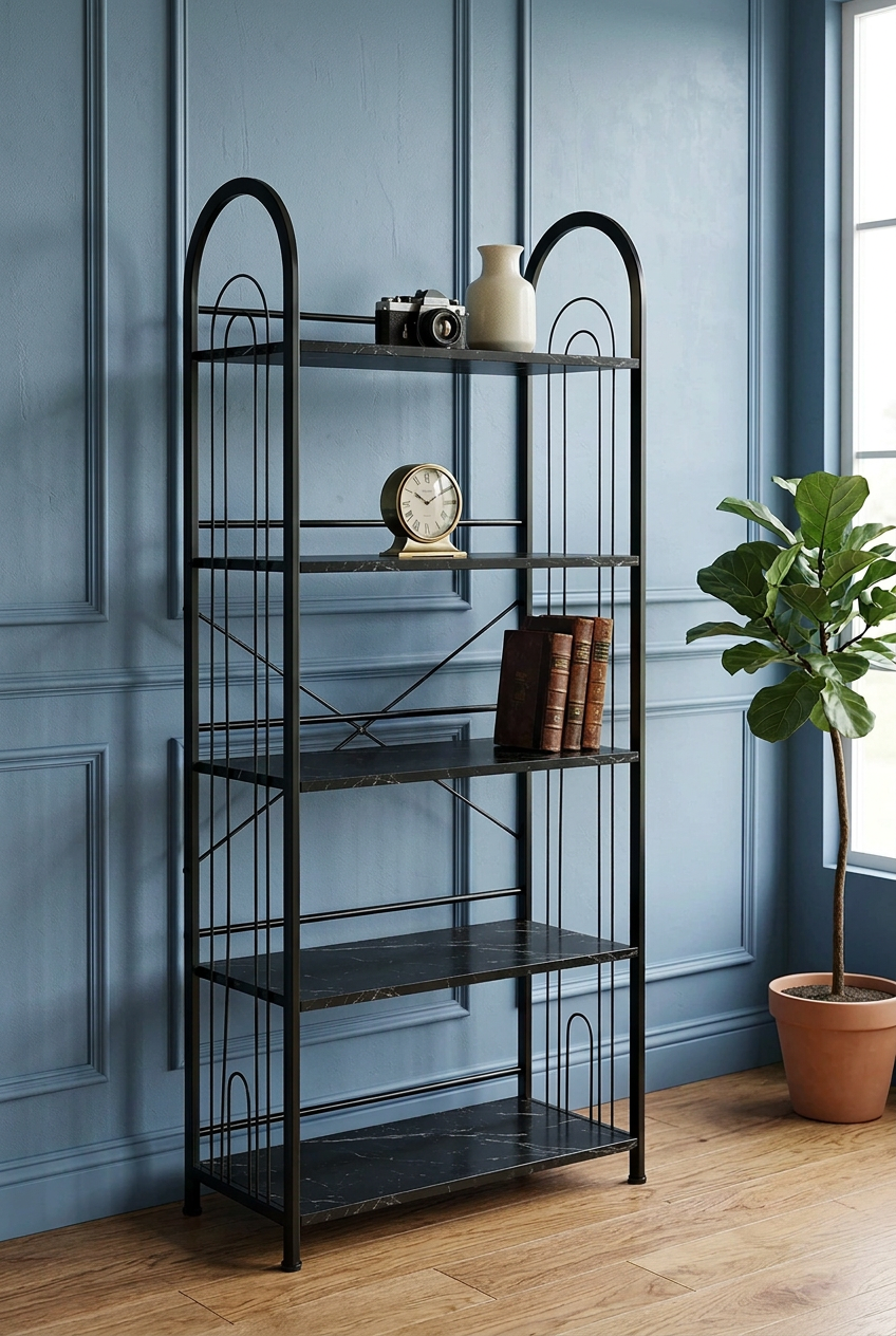 5-Tier Metal Book Rack with Wooden Shelves | Modern Bookshelf & Decorative Storage Stand for Home, Office, Bedroom and Living Room