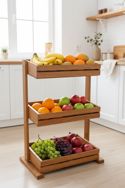 Elegant Wooden 3-Tier Fruit Storage Stand for Kitchen Countertop Organization and Fresh Produce Display