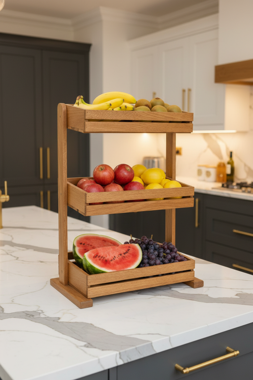 Elegant Wooden 3-Tier Fruit Storage Stand for Kitchen Countertop Organization and Fresh Produce Display
