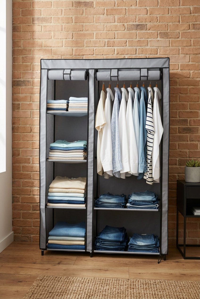 Portable Fabric Wardrobe with Hanging Rail & Storage Shelves – Random Colours