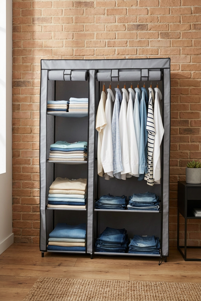 Portable Fabric Wardrobe with Hanging Rail & Storage Shelves – Random Colours