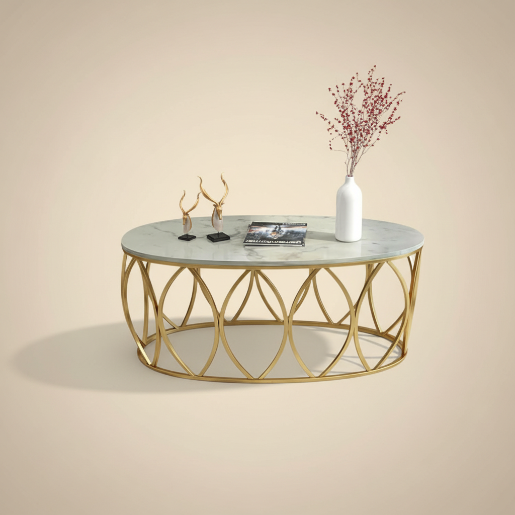 Premium Gold Metal Center Table with Marble Top - Luxury Living Room Furniture