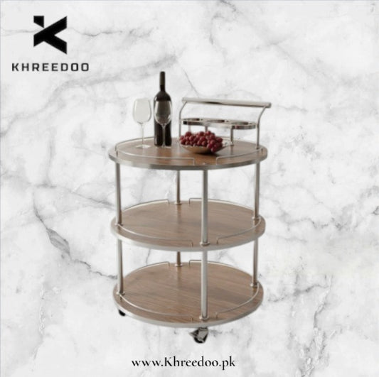 3-Tier Round UV Wooden sheet texture & Metal Frame Serving Trolley