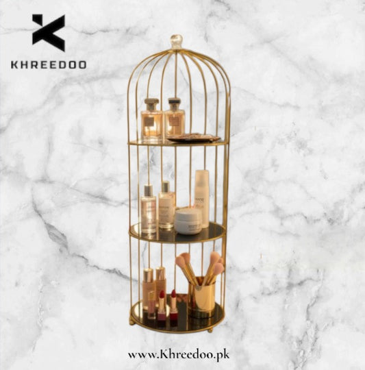 Three-Tier Gold Birdcage Organizer for Home Decor and Beauty Essentials.