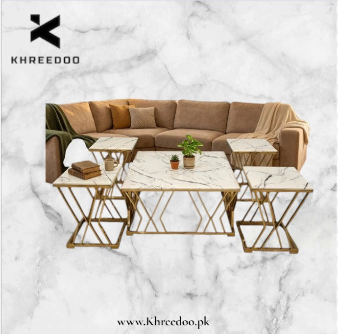 Gold X-Frame Nesting Coffee Table Set – Black Wooden Marble Texture Top