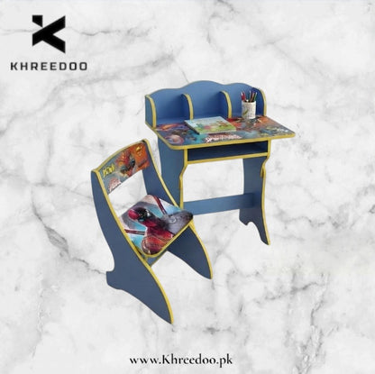 Marvel Superheroes Kids Study Table & Chair Set - Wooden Children's Desk with Bookshelf, Storage Drawer & Spider-Man Batman Licensed Character Design for Boys