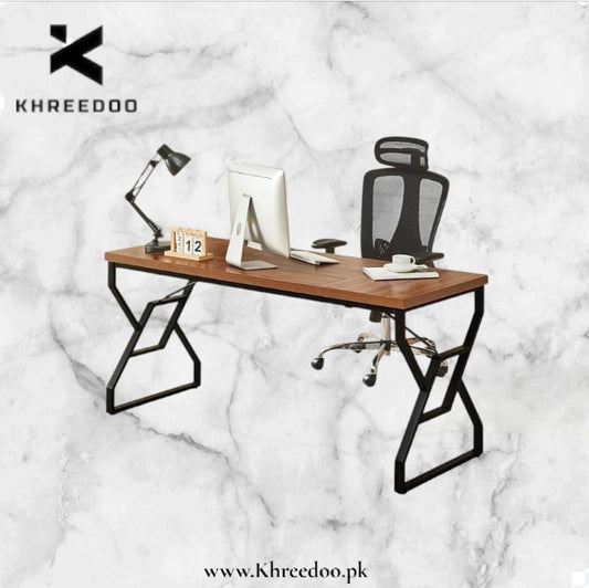 Modern Wooden Top Geometric Frame Executive Computer Desk with Wide Spacious Surface, Strong Metal Base, Stylish Contemporary Workstation Table for Office