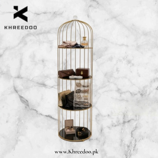 Four-Tier Gold Birdcage Organizer for Luxury Accessories and Beauty Collections.